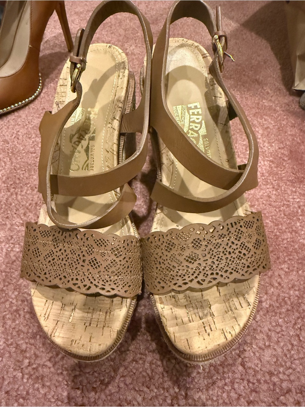 Salvatore Ferragamo Tan Laser-Cut Cork Wedge Sandals
